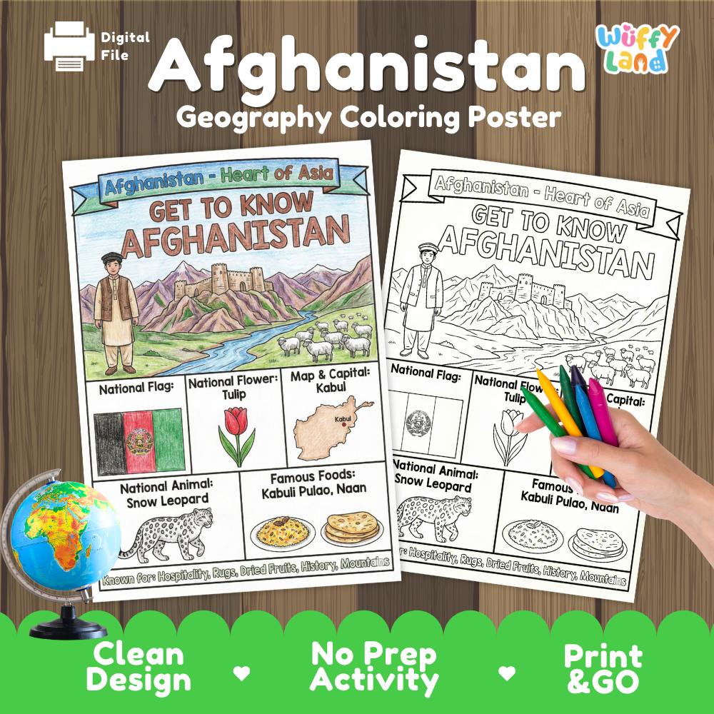 Get to know Afghanistan coloring poster paired with photo flashcards of Blue Mosque, Buzkashi, Kabuli Pulao, and Hindu Kush