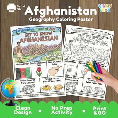 Get to know Afghanistan coloring poster paired with photo flashcards of Blue Mosque, Buzkashi, Kabuli Pulao, and Hindu Kush