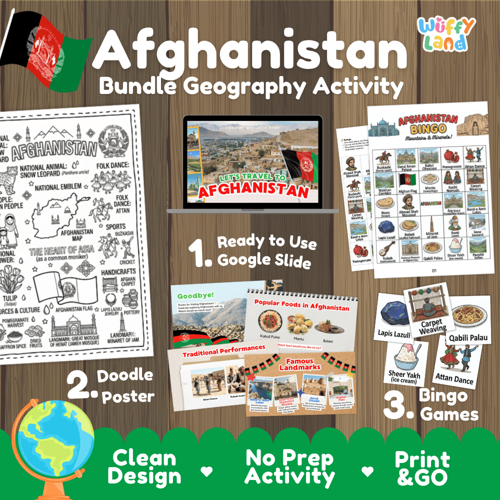 Complete Afghanistan geography activity bundle featuring Google Slides, doodle coloring poster, and classroom bingo games 🇦🇫🎒