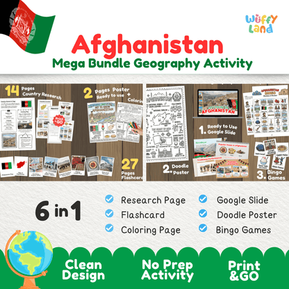 Complete Afghanistan geography activity bundle featuring Google Slides, doodle coloring poster, and classroom bingo games 🇦🇫🎒