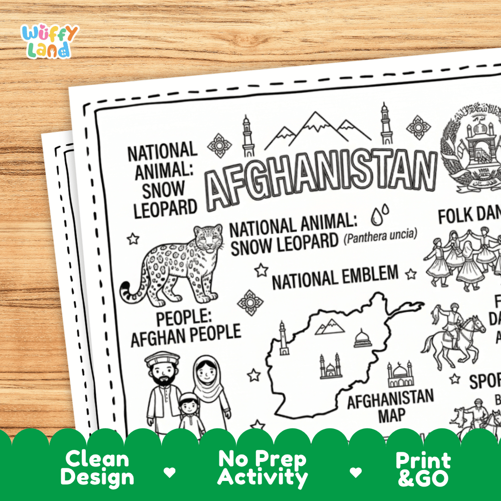 Cultural coloring page featuring traditional Afghan attire, Attan dance, Buzkashi, lapis lazuli jewelry, and carpet weaving