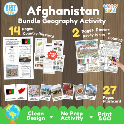 Afghanistan geography activity bundle cover showing 14 country research pages, 2 ready to use coloring posters, and 27 photo flashcards