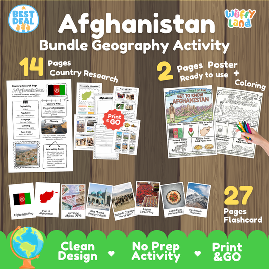 Afghanistan geography activity bundle cover showing 14 country research pages, 2 ready to use coloring posters, and 27 photo flashcards