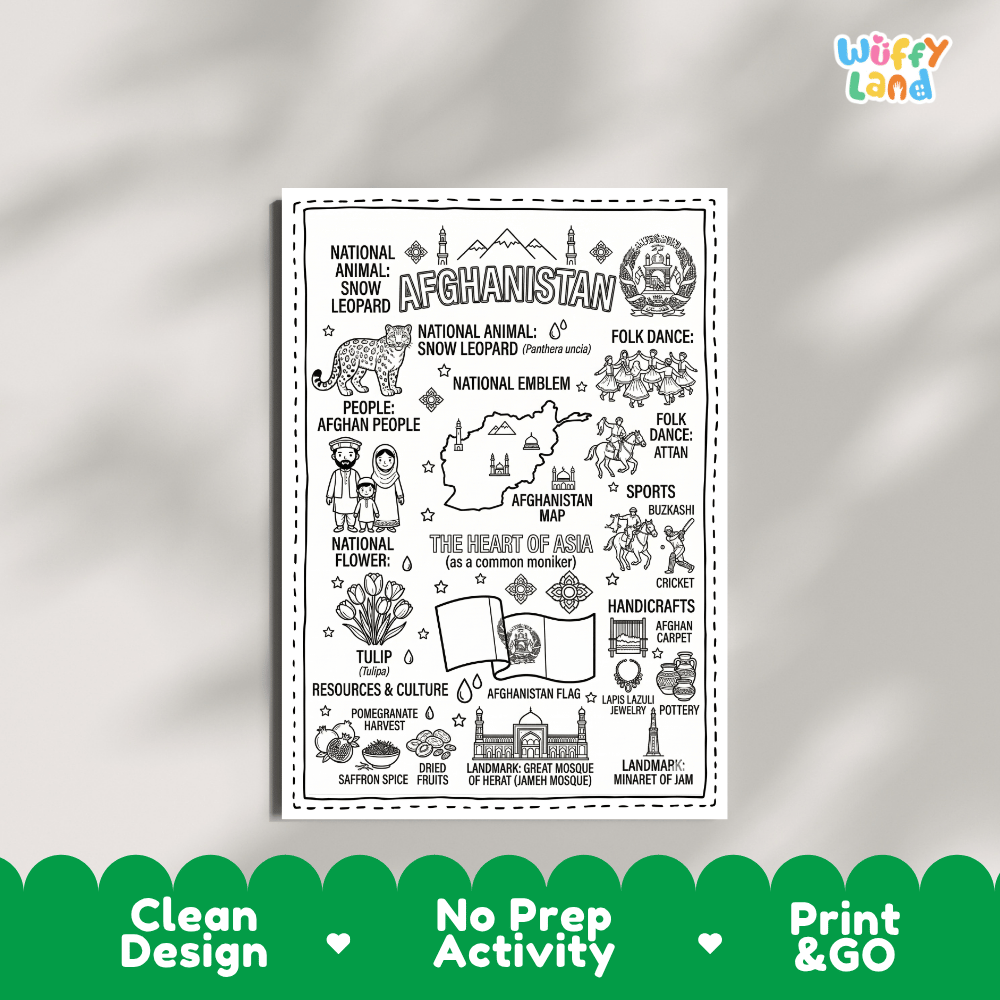 Educational activity coloring page highlighting Afghan Snow Leopard Panthera uncia, Tulip flower, and national flag