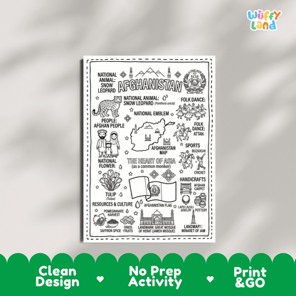 Educational activity coloring page highlighting Afghan Snow Leopard Panthera uncia, Tulip flower, and national flag