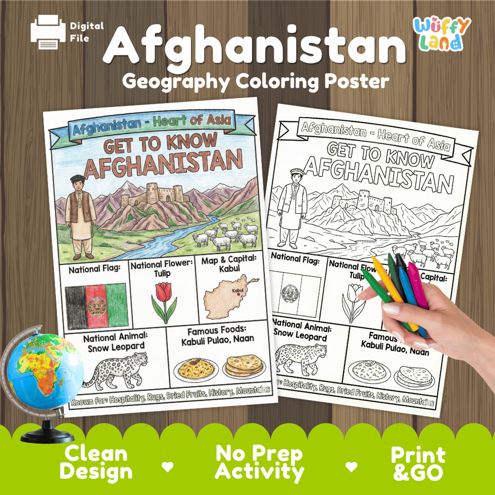Afghanistan Geography Coloring Poster and Fact Sheet Printables