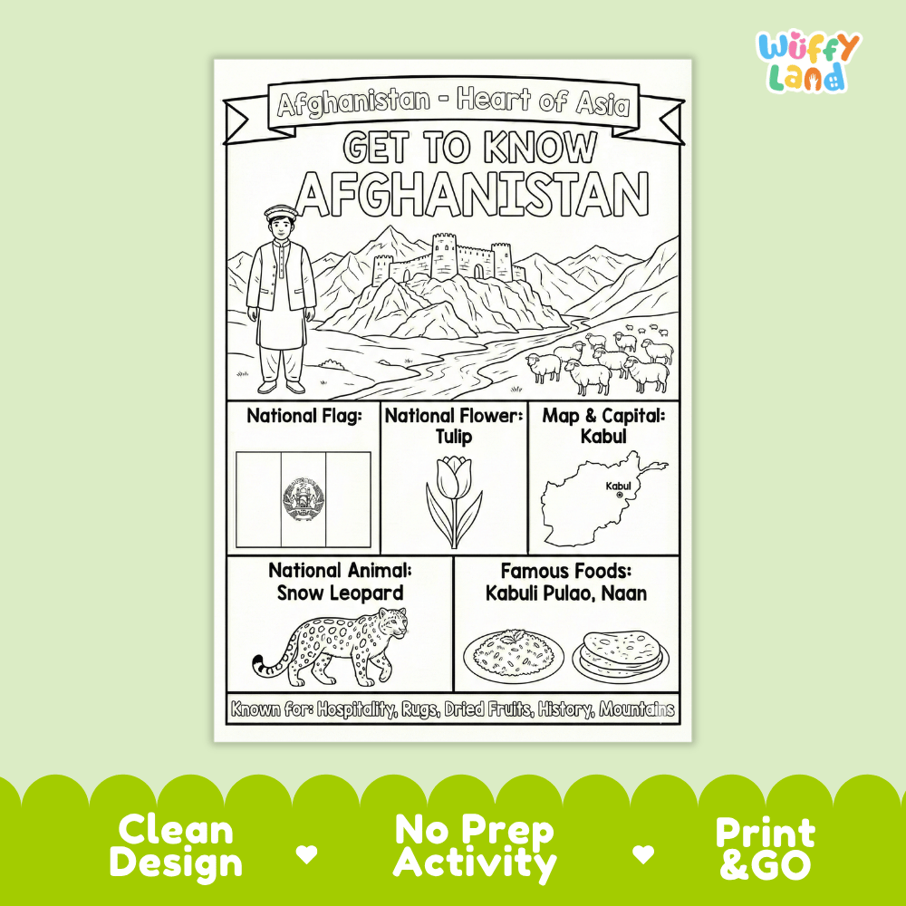 Afghanistan Geography Coloring Poster and Fact Sheet Printables