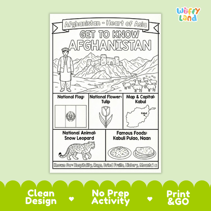 Afghanistan Geography Coloring Poster and Fact Sheet Printables