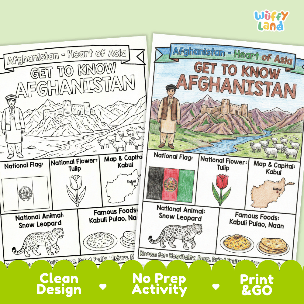 Afghanistan Geography Coloring Poster and Fact Sheet Printables