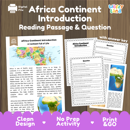 Africa continent introduction reading comprehension passage and questions printable activity pack with answer key for elementary students