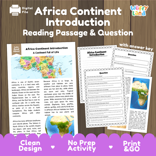 Africa continent introduction reading comprehension passage and questions printable activity pack with answer key for elementary students