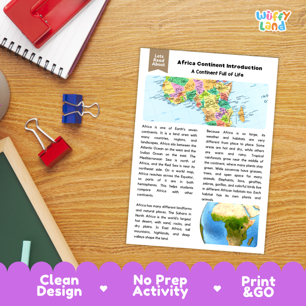 Student reading comprehension worksheet with short-answer questions and lined sections about Africa continent geography
