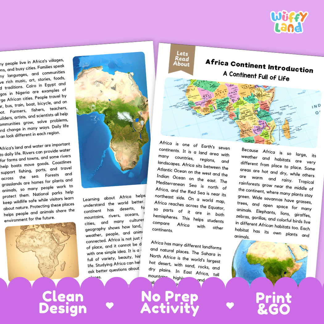 Teacher answer key page showing complete question solutions for Africa continent reading comprehension practice