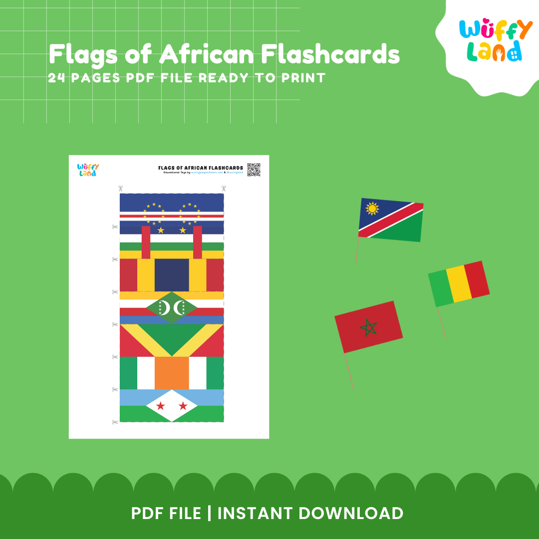 Printable Africa continent study cards featuring flags and country names for elementary geography lessons and homeschool learning