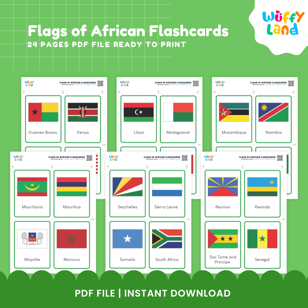 African country flag learning cards featuring Botswana, Chad, Burkina Faso, Angola, Gambia, DR Congo, Comoros, Egypt and more