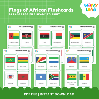 African country flag learning cards featuring Botswana, Chad, Burkina Faso, Angola, Gambia, DR Congo, Comoros, Egypt and more