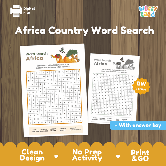 Africa country word search printable African geography puzzle activity pack overview from Wuffy Land featuring color and black white versions with answer key 🌍🐪