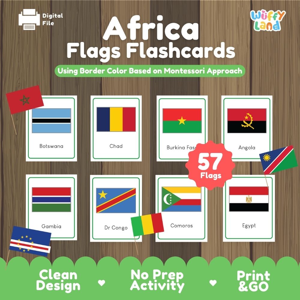 Africa flags flashcards printable featuring 57 African country flags with names for geography learning and country recognition
