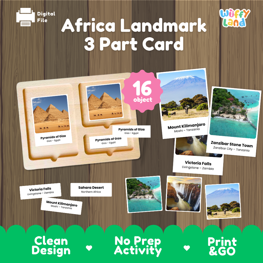 Africa landmark 3 part cards cover showing printable geography nomenclature cards for the Pyramids of Giza, Mount Kilimanjaro, and Victoria Falls