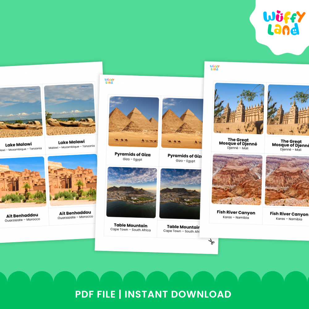 Printable sheets featuring photographic landmark cards and separate name labels in wooden Montessori trays