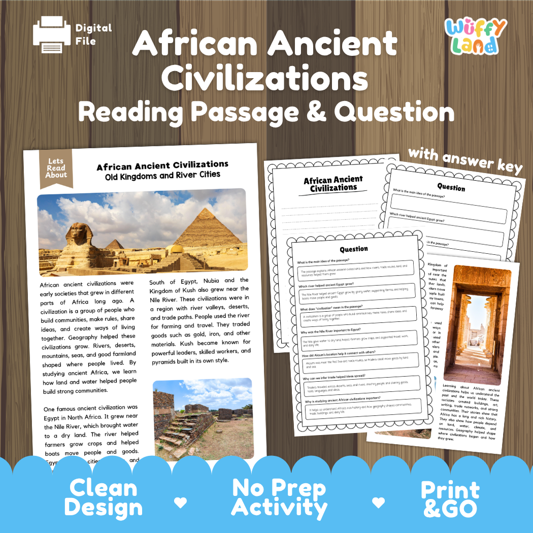 African ancient civilizations reading comprehension passage and questions printable activity pack with answer key for elementary students