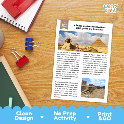 Student reading comprehension worksheet with short-answer questions and lined sections about ancient African civilizations