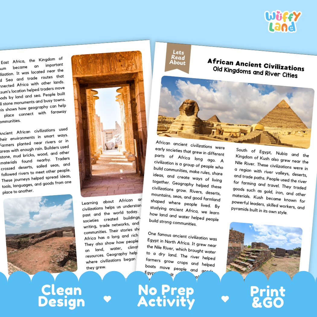 Teacher answer key page showing complete question solutions for African ancient civilizations reading comprehension practice