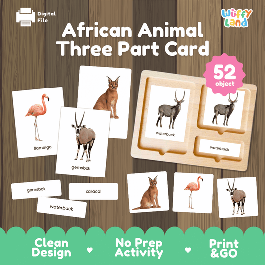 African Animal Three Part Card printable Montessori nomenclature and safari zoology activity pack overview from Wuffy Land featuring 52 objects 🌍🦁
