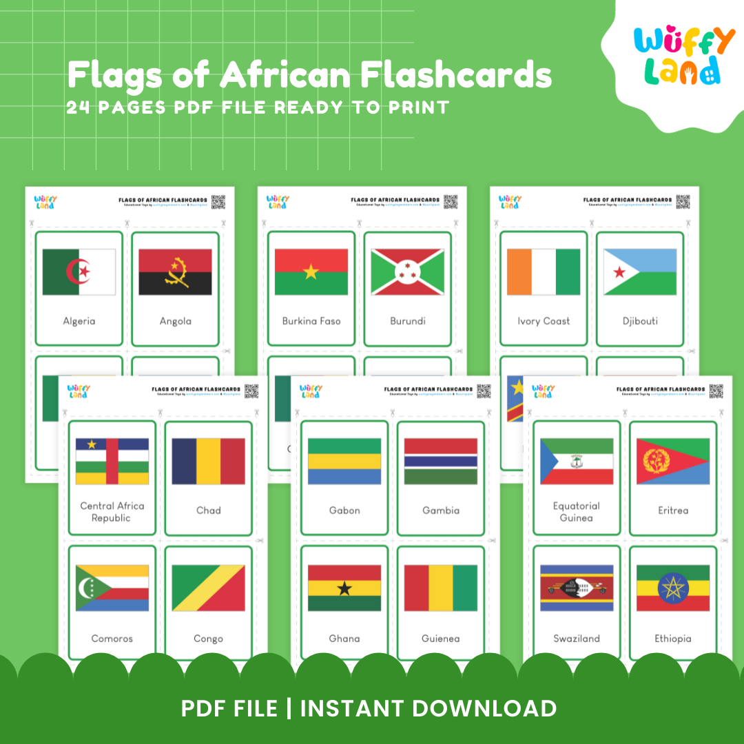Montessori Africa geography cards featuring African country flags and names for hands-on continent and world geography study