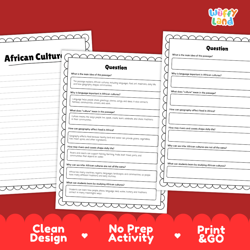 Informational reading passage page detailing African cultures languages music food clothing and community traditions with photos