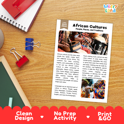 Student reading comprehension worksheet with short-answer questions and lined sections about African cultures