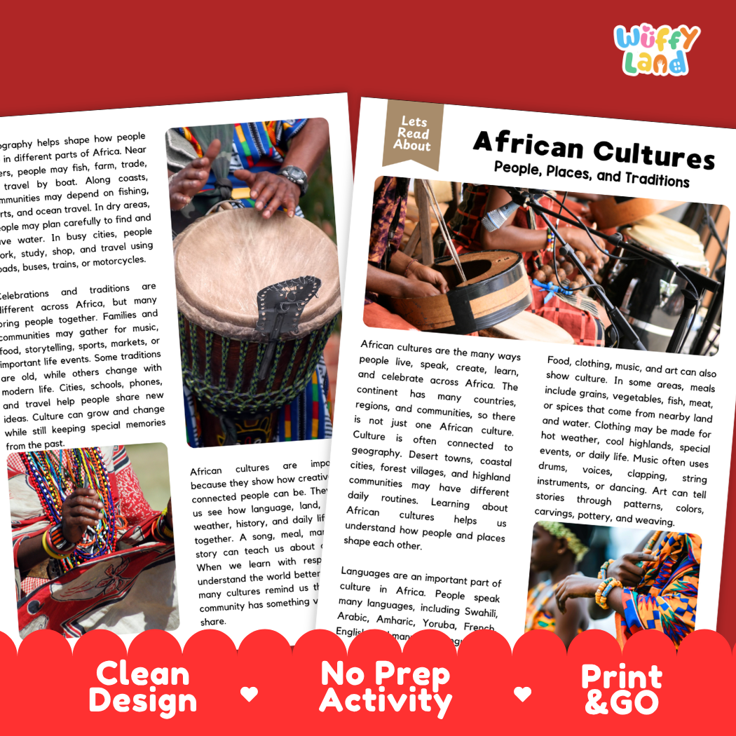 Teacher answer key page showing complete question solutions for African cultures reading comprehension practice