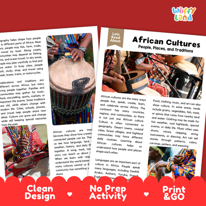 Teacher answer key page showing complete question solutions for African cultures reading comprehension practice