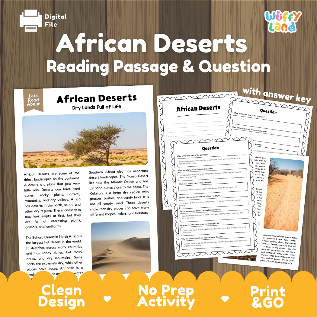 African deserts reading comprehension passage and questions printable activity pack with answer key for elementary students