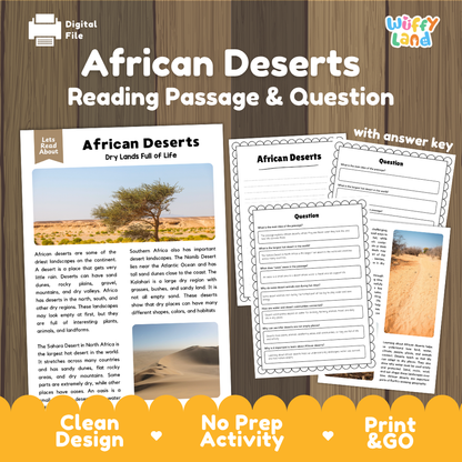 African deserts reading comprehension passage and questions printable activity pack with answer key for elementary students