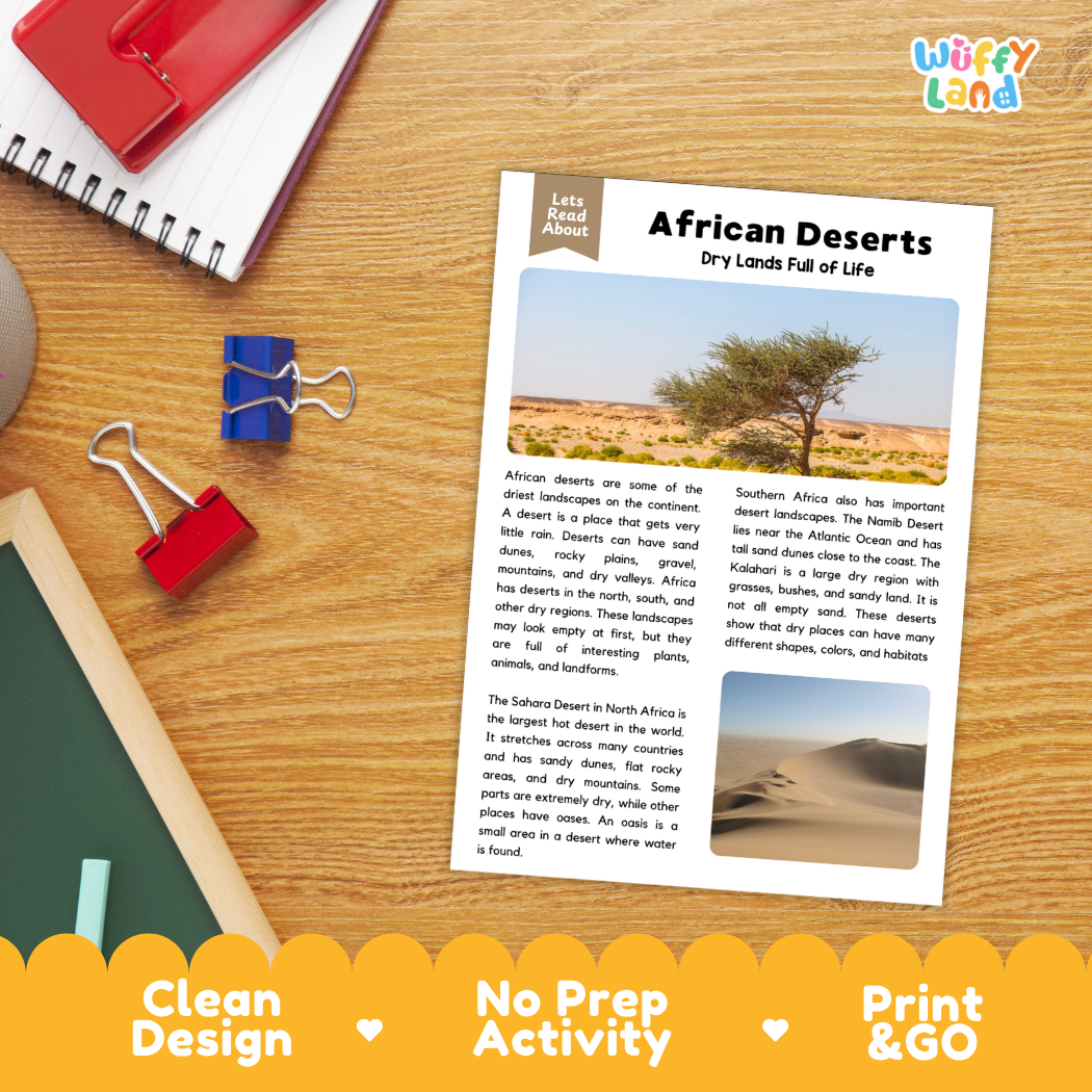 Student reading comprehension worksheet with short-answer questions and lined sections about African deserts