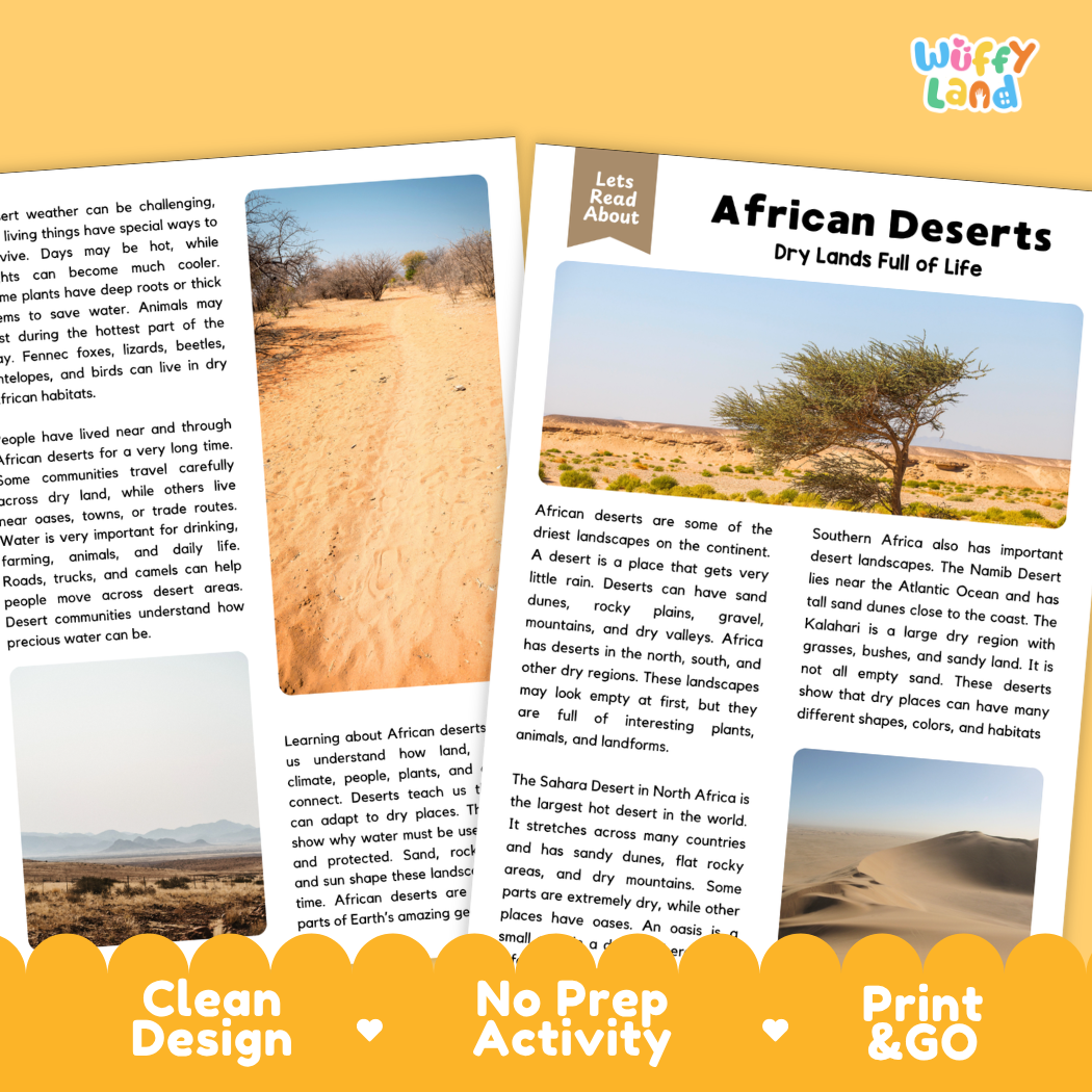 Teacher answer key page showing complete question solutions for African deserts reading comprehension practice