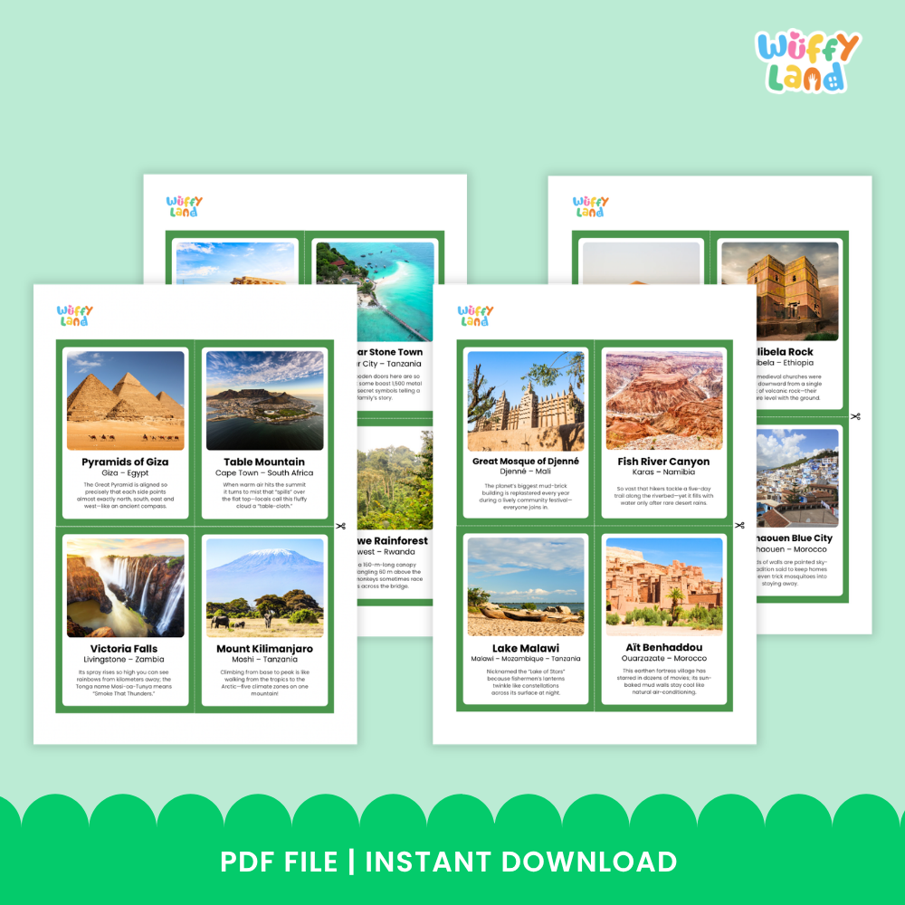 Printable flashcards showing Great Mosque of Djenné and Fish River Canyon with location subtitles and educational trivia