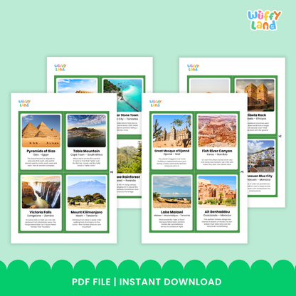 Printable flashcards showing Great Mosque of Djenné and Fish River Canyon with location subtitles and educational trivia