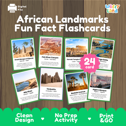 African landmarks fun fact flashcards cover showing 24 cards featuring Great Mosque of Djenné Fish River Canyon Karnak Temple and Okavango Delta