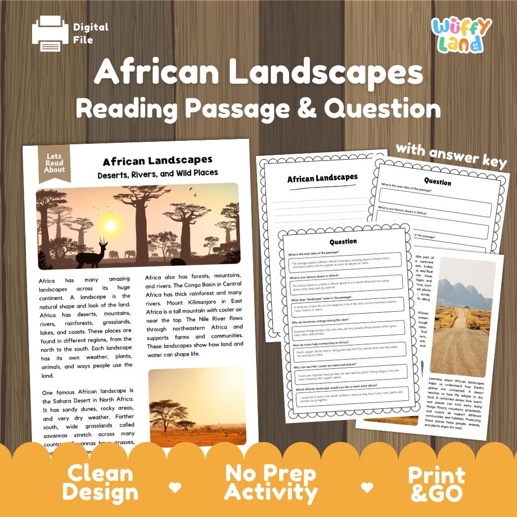 African landscapes reading comprehension passage and questions printable activity pack with answer key for elementary students