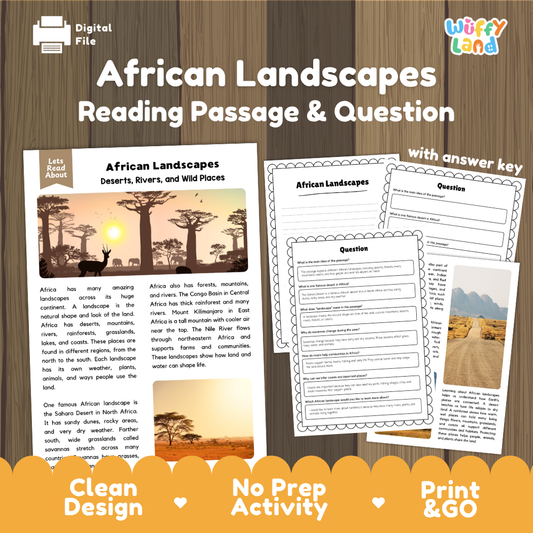 African landscapes reading comprehension passage and questions printable activity pack with answer key for elementary students