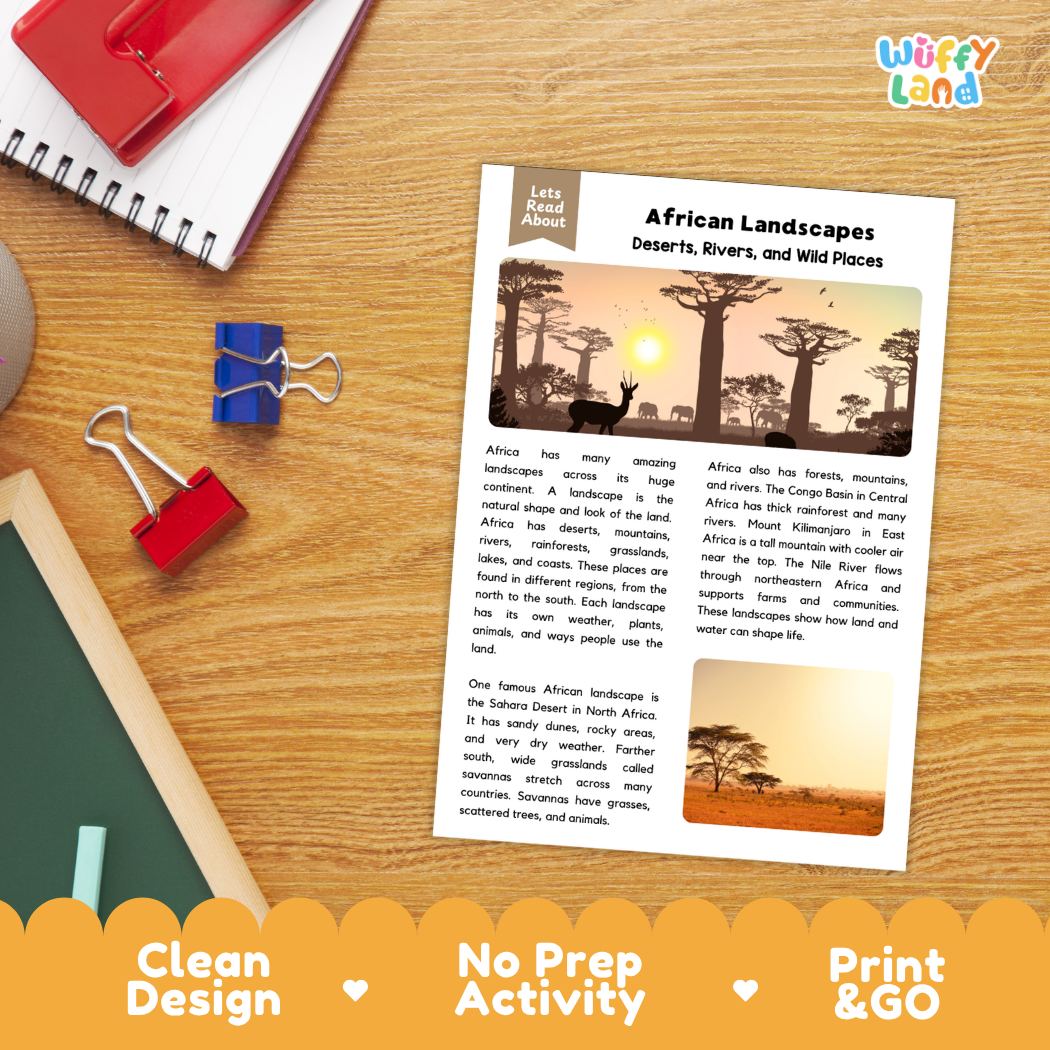 Student reading comprehension worksheet with short-answer questions and lined sections about African landforms and biomes