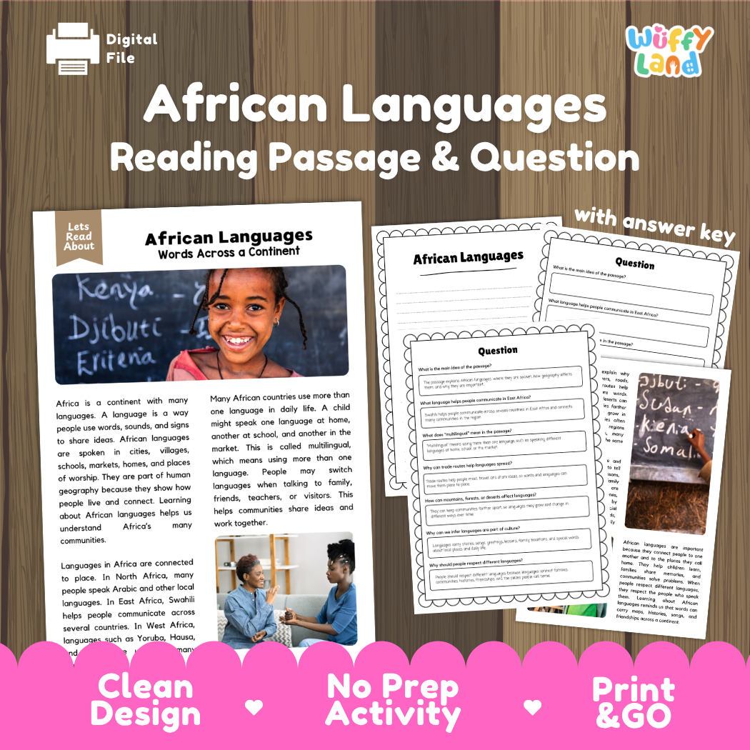 African languages reading comprehension passage and questions printable activity pack with answer key for elementary students