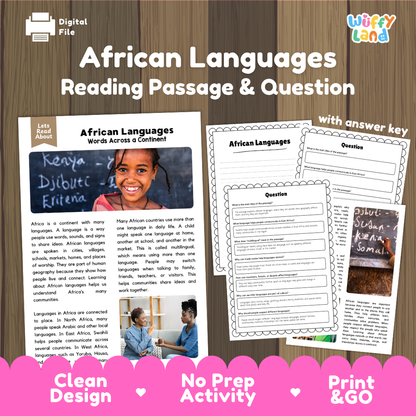 African languages reading comprehension passage and questions printable activity pack with answer key for elementary students