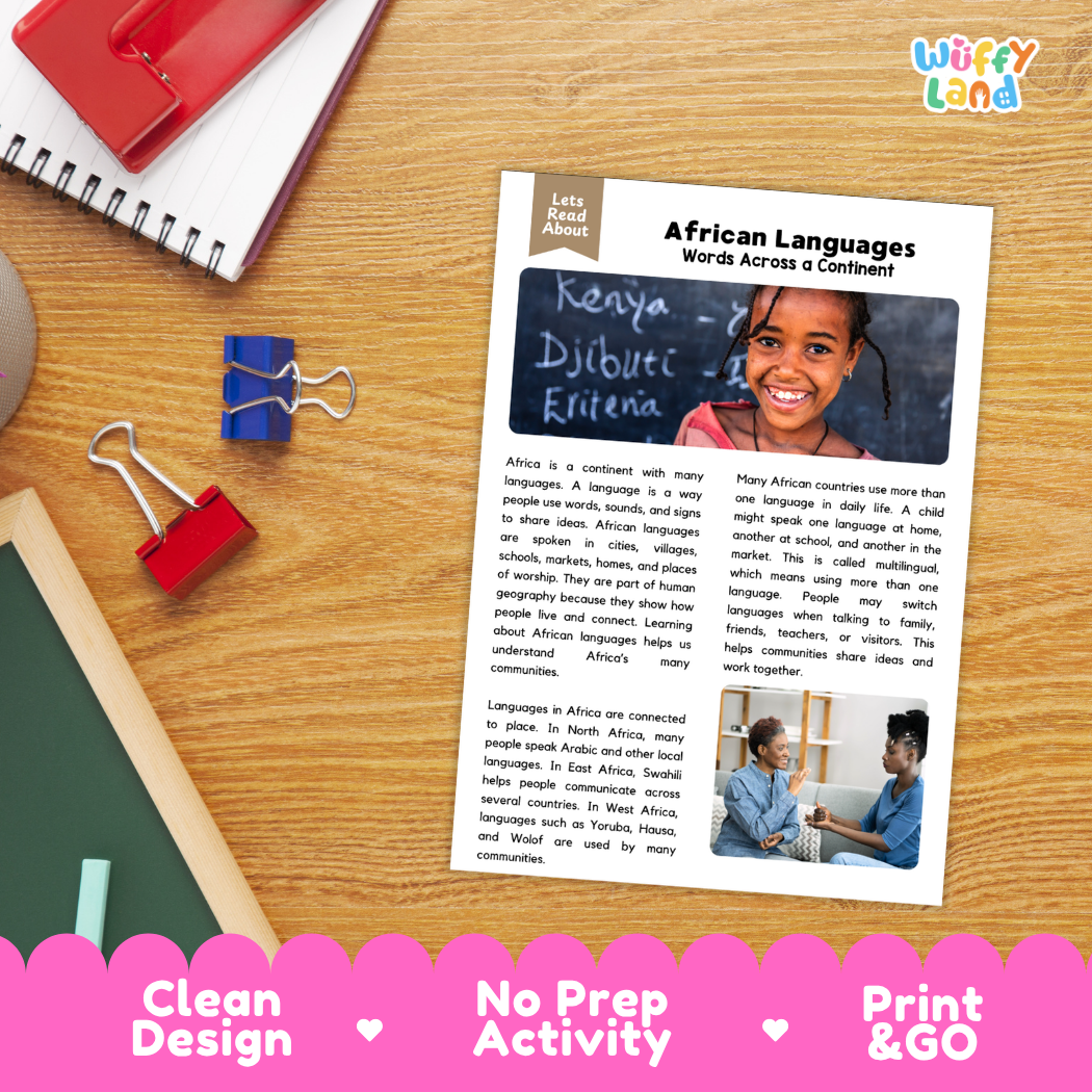 Student reading comprehension worksheet with short-answer questions and lined sections about African languages