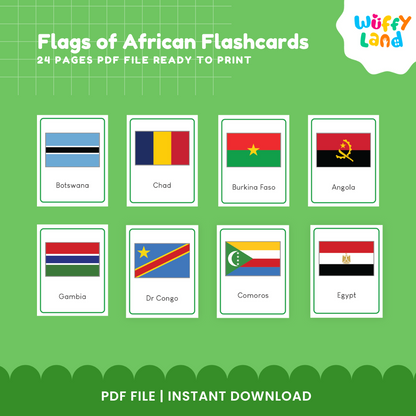 African national flags learning flashcards with 57 country flags and names for classroom, homeschool and Montessori geography activities
