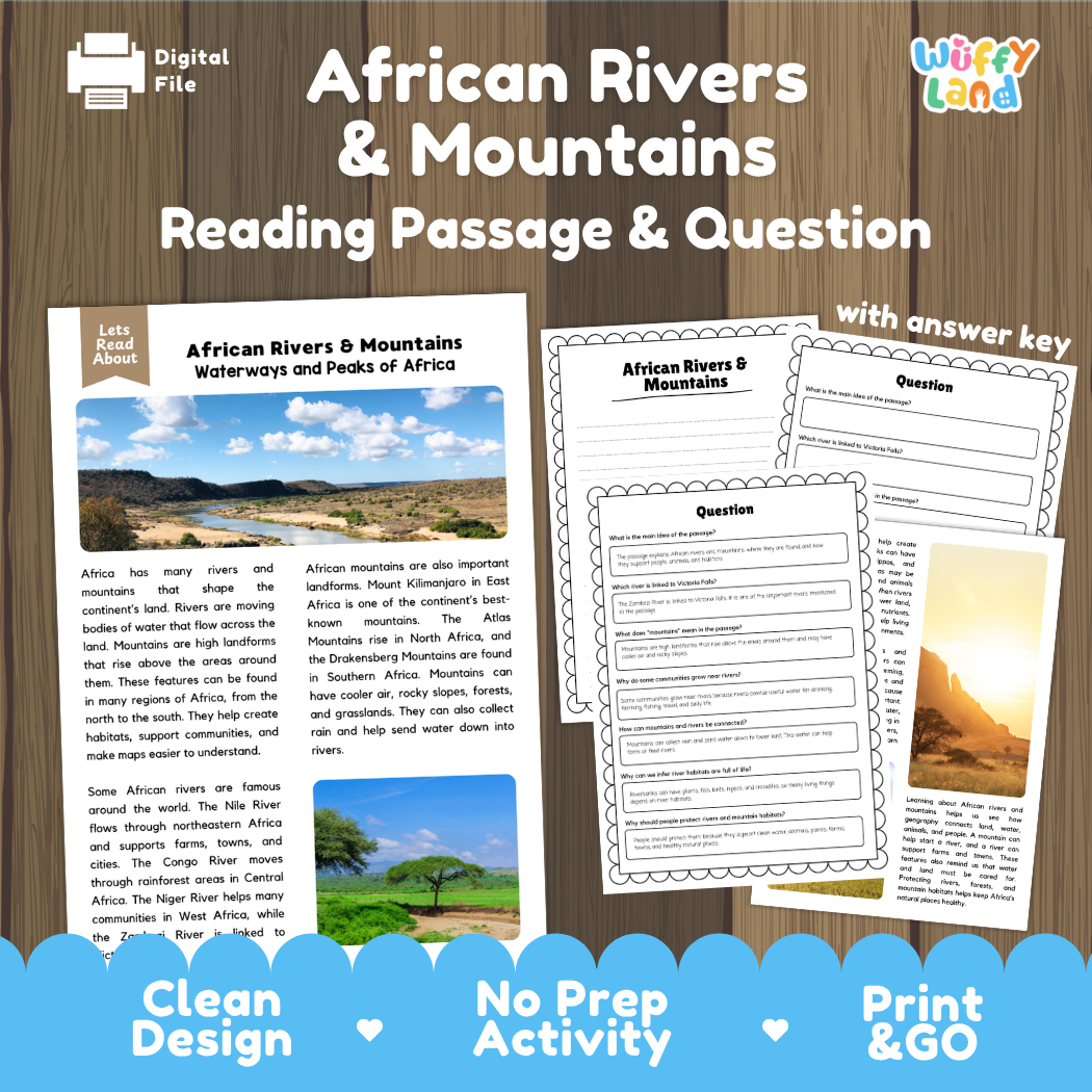 African rivers and mountains reading comprehension passage and questions printable activity pack with answer key for elementary students