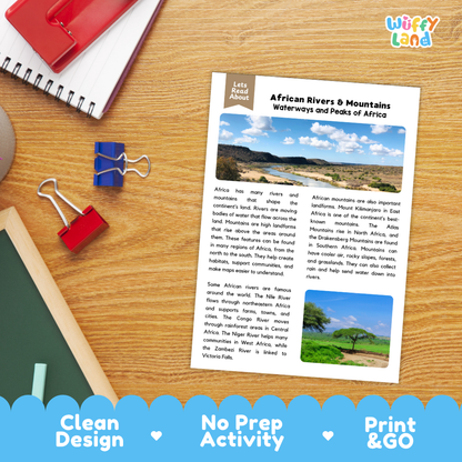 Student reading comprehension worksheet with short-answer questions and lined sections about African rivers and mountains