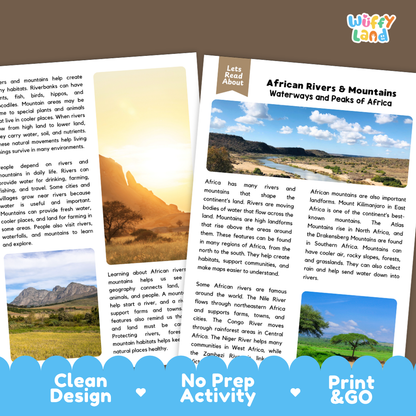 Teacher answer key page showing complete question solutions for African rivers and mountains reading comprehension practice